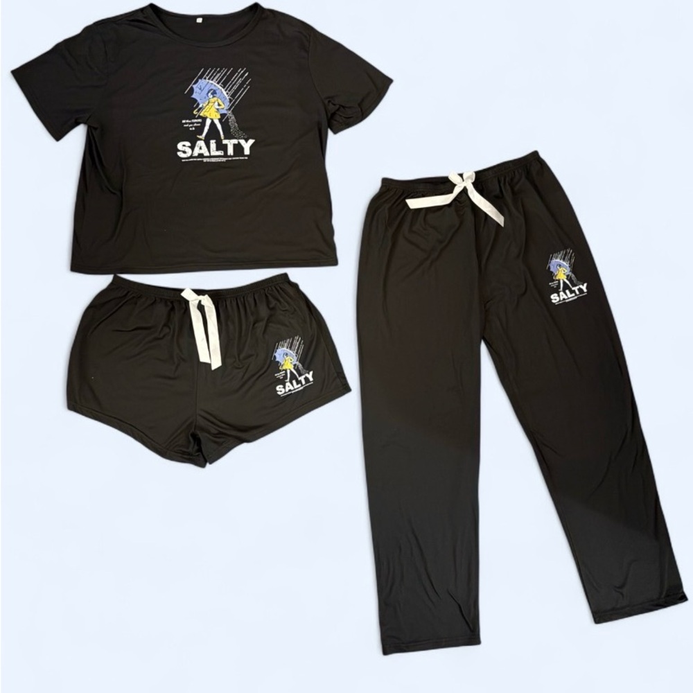 Women’s “Salty” 🧂 Black Graphic Pajama 3 Piece Set Size XL ~ NEW - Picture 8 of 13